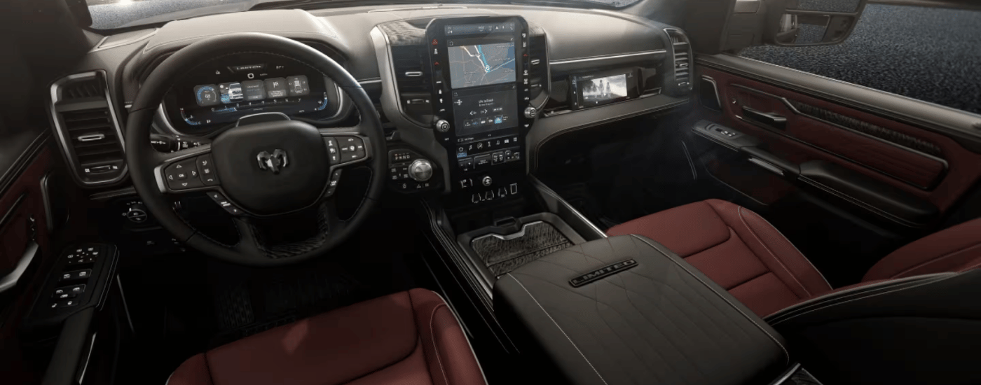 Red and black leather interior of a 2026 Ram 1500 Limited