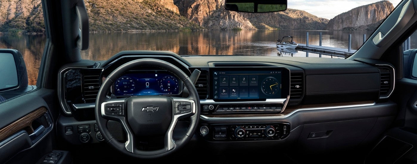 The black interior of a 2026 Chevy Silverado 1500.